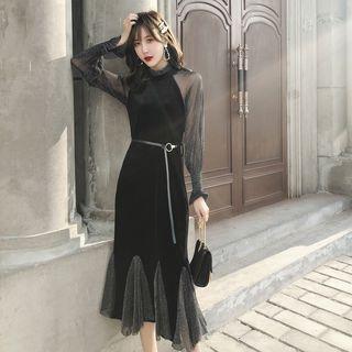 Mesh Panel Ruffle Hem Long-sleeve Midi Sheath Dress