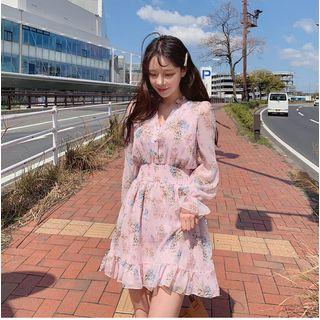 V-neck Floral Print A-line Mini Dress Pink - One Size