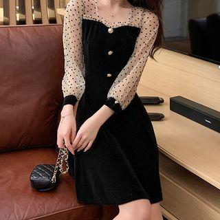 Dotted Mesh Sleeve A-line Mini Dress