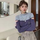Color-block Mock-neck Long-sleeve Top As Figure - One Size
