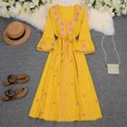 Embroidered Tie-waist Maxi A-line Dress