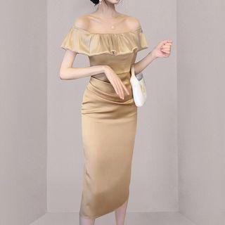 Off-shoulder Ruffle Trim Slim-fit Dress