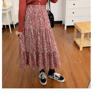 Floral Print Tiered Midi A-line Skirt