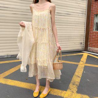 Bell-sleeve Chiffon Jacket / Spaghetti Strap Midi Floral Dress