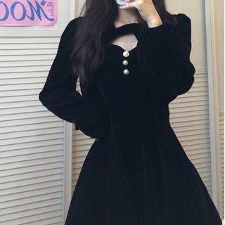 Set: Spaghetti Strap Mini A-line Dress + Long-sleeve Shrug