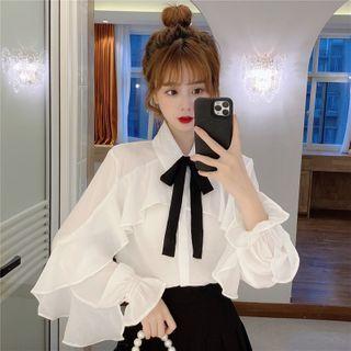 Long-sleeve Ruffled Chiffon Shirt White Shirt & Black Bow - One Size