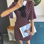 Elbow-sleeve Contrast-collar Patterned Dress