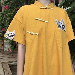 Short-sleeve Cat Print Mini Frog-buttoned Dress