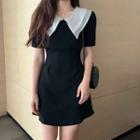 Short-sleeve Double Collar Plain Dress Black - One Size
