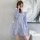 Long-sleeve Lace Collar Striped Zip-up A-line Dress