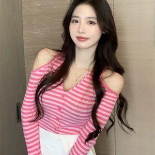 Cold-shoulder Button-up Striped Knit Top