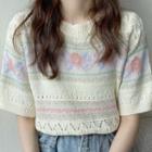 Short-sleeve Round Neck Patterned Knit Top As The Picture Shows - One Size