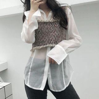 Sheer Shirt/ Sleeveless Fray-hem Crop Top