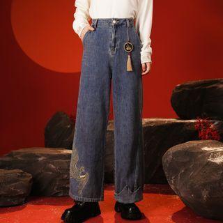Dragon Embroidered Wide Leg Jeans