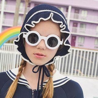 Ruffle-trim Piped Knit Bonnet Hat Navy Blue - One Size