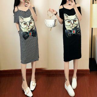 Cat Print Cold Shoulder Short-sleeve T-shirt Dress