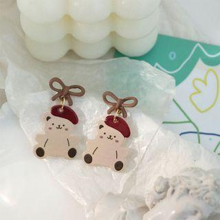 Bear Alloy Dangle Earring 1 Pair - Maroon & Beige - One Size