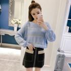 Set: Striped Trim Crochet Knit Sweater + Faux-leather Front-zip A-line Skirt