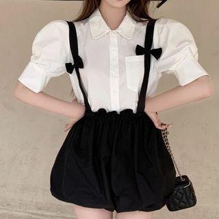 Puff-sleeve Shirt / Bow Detail Jumper Shorts