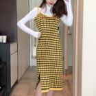 Turtleneck Long-sleeve Knit Top/ Strappy Gingham Midi Knit Dress