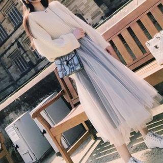 Plain Fluffy Sweater / Mesh Midi A-line Skirt / Set