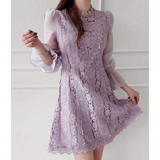 Sheer-sleeve A-line Lace Dress