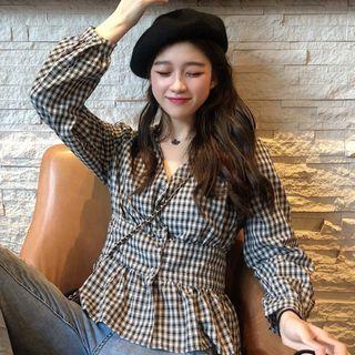 Long-sleeve Frill Trim Plaid Top Plaid - One Size