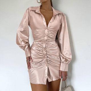 Long-sleeve Ruched Mini Bodycon Shirt Dress