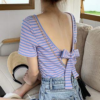 Bow-back Striped Short-sleeve Top
