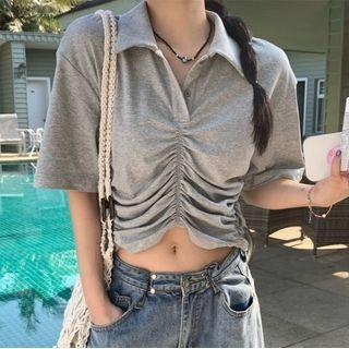 Short-sleeve Shirred Crop Polo Shirt