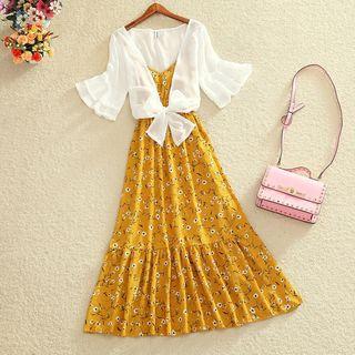 Set: V-neck Flower Print Midi Spaghetti Strap Dress + Cropped Lace-up Jacket
