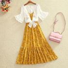 Set: V-neck Flower Print Midi Spaghetti Strap Dress + Cropped Lace-up Jacket