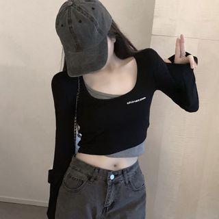 Mock Two Piece Letter Printed Cropped Top