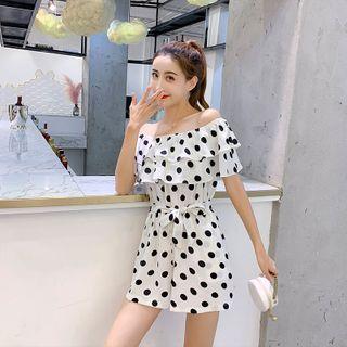 Ruffle Trim Off-shoulder Dotted Wide-leg Playsuit
