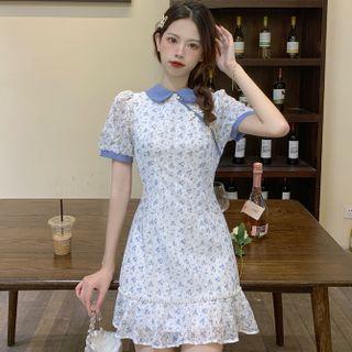 Puff-sleeve Peter Pan-collar Ruffle Hem Floral Mini Dress