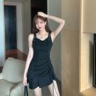 Buckled V-neck Drawstring Sleeveless Dress Black - One Size