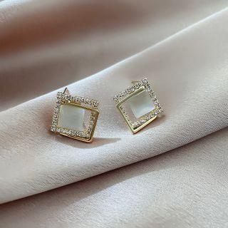 Cat Eye Stone Rhinestone Square Earring 1 Pair - 925 Silver Needle - As Shown In Figure - One Size