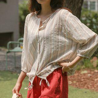 Round-neck Tie-hem Stripe Shirt