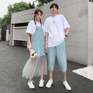 Couple Matching Elbow-sleeve T-shirt / Capri Jeans / Denim Pinafore Dress