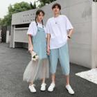 Couple Matching Elbow-sleeve T-shirt / Capri Jeans / Denim Pinafore Dress
