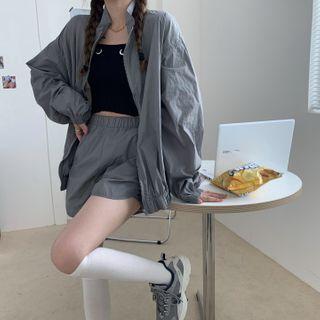 Set: Plain Zip-up Jacket + High-waist Sweatshorts Set: Jacket & Sweatshorts - Gray - One Size