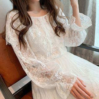 Long-sleeve Wide Collar Lace Top White - One Size