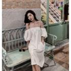 Buttoned Off-shoulder Lantern-sleeve A-line Dress