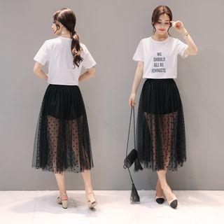 Set: Lettering Short-sleeve T-shirt + Dotted Mesh Skirt