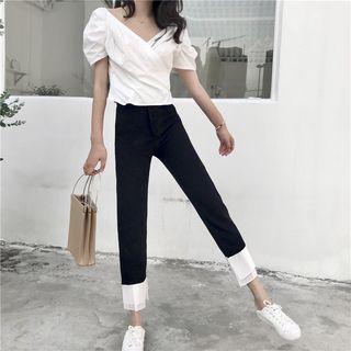 V-neck Short-sleeve Blouse / Two-tone Straight-cut Pants