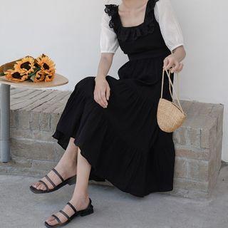 Two-tone Elbow-sleeve Midi A-line Dress