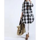 Long-sleeve Checked Stand Collar A-line Shirtdress