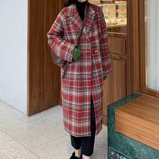Plaid Double-breasted Coat Red - One Size