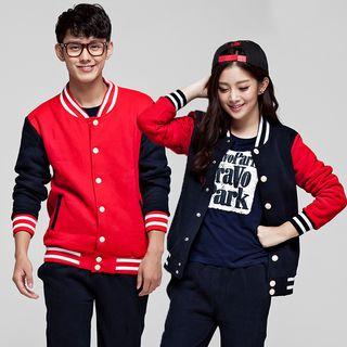 Couple Matching Color Block Buttoned Baseball Jacket