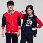 Couple Matching Color Block Buttoned Baseball Jacket